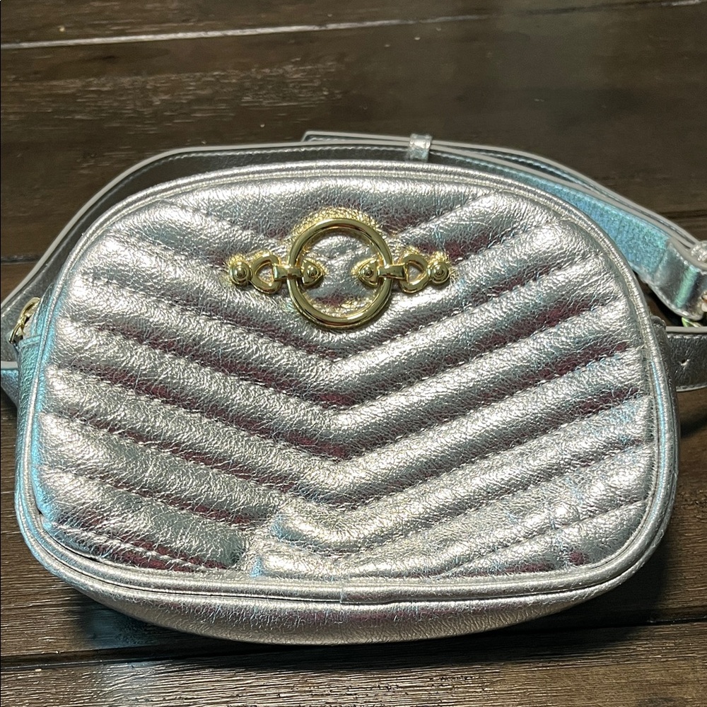Metallic Silver Quilted Crossbody Bag with Gold Ring Accent